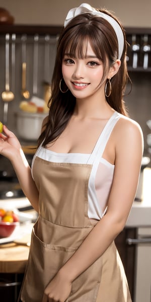 1girl, solo, long hair, breasts, looking at viewer, smile, bangs, brown hair, cleavage, bare shoulders, brown eyes, jewelry, collarbone, upper body, ponytail, hairband, earrings, food, teeth, indoors, grin, blurry, apron, lips, fruit, blurry background, white hairband, realistic, naked apron, kitchen