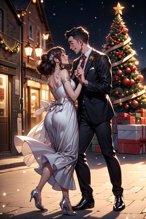 Two happy couples are dancing together wearing Classic outfit, in a town street, night, beautiful Christmas tree, beautiful decorated town for christmas, crowded are, romantic atmosphere,