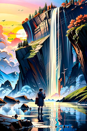 (Masterpiece, ultra detailed, hyper quality, best result) man wearing old time journey coat, standing in front of rocky woods on flying islands at sunset, waterfall on the foreground, leafs falling ,High detailed