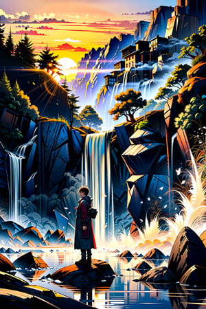 (Masterpiece, ultra detailed, hyper quality, best result) man wearing old time journey coat, standing in front of rocky woods on flying islands at sunset, waterfall on the foreground, leafs falling ,High detailed