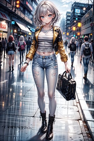 vibrant colors, female, masterpiece, ((solo, one woman )), (illustration, 8k CG, extremely detailed), masterpiece, ultra-detailed,  Hair Length: Short and curly
Hair color: Electric blue
Eye color: Bright yellow
Clothes: Dark blue leather jacket, black and white striped shirt, denim pants, biker boots.

This figure was speeding down a city street on his motorcycle, with short, curly hair a vibrant electric blue. The bright yellow eyes were attention-grabbing. He wore a dark blue leather jacket, black and white striped shirt, denim pants and biker boots, adding rebellious style to his fast ride.