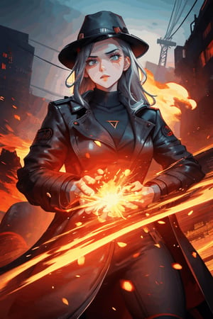 handsome women with black trenchcoat and black fedora ,  cyberpunk detective , neck length hair and beard  , cyberpunk 2077 poster art , standing menacingly and badassly , coat blown by the wind , flames from hand , turtleneck , 25 years old , electricity sparks , 