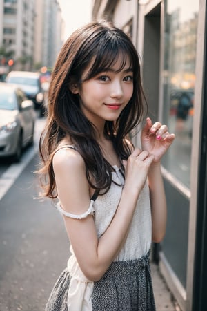 (Best quality, 8k, 32k, Photorealistic, UHD:1.2),

A young, fashionable girl with light fair skin, large, sparkling dark brown eyes, and shoulder-length, wavy hair with a hint of color. Her trendy hairstyle and charming smile convey a vibrant and urban allure.,
