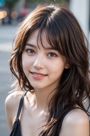 (Best quality, 8k, 32k, Photorealistic, UHD:1.2),

A young, fashionable girl with light fair skin, large, sparkling dark brown eyes, and shoulder-length, wavy hair with a hint of color. Her trendy hairstyle and charming smile convey a vibrant and urban allure.



