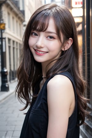 (Best quality, 8k, 32k, Photorealistic, UHD:1.2),

A young, fashionable girl with light fair skin, large, sparkling dark brown eyes, and shoulder-length, wavy hair with a hint of color. Her trendy hairstyle and charming smile convey a vibrant and urban allure.,ellafreya,
