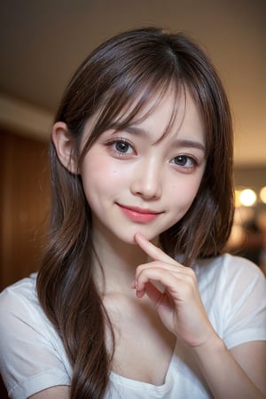 (Best quality, 8k, 32k, Photorealistic, UHD:1.2),

young woman, round face, large twinkling eyes, soft and playful features, small upturned nose, bright and mischievous smile, bouncy hair, smooth radiant skin, exudes a cute and lovable aura,Sarah Miller,