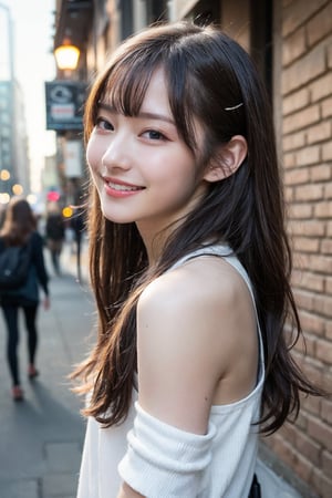 (Best quality, 8k, 32k, Photorealistic, UHD:1.2),

A young, fashionable girl with light fair skin, large, sparkling dark brown eyes, and shoulder-length, wavy hair with a hint of color. Her trendy hairstyle and charming smile convey a vibrant and urban allure.,
((teenager:1.5)),