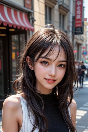 (Best quality, 8k, 32k, Photorealistic, UHD:1.2),

A young, fashionable girl with light fair skin, large, sparkling dark brown eyes, and shoulder-length, wavy hair with a hint of color. Her trendy hairstyle and charming smile convey a vibrant and urban allure.



