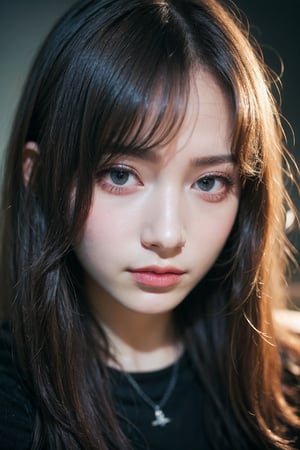 (Best quality, 8k, 32k, Photorealistic, UHD:1.2),

young woman, lightly tanned skin, messy medium-length hair with highlights, bold smoky eye makeup, dark glossy lips, rebellious and confident expression, soft lighting, edgy and cool look,

((teenager:1.5)),1girl,ellafreya