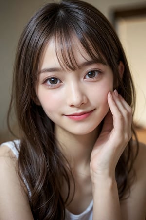 (Best quality, 8k, 32k, Photorealistic, UHD:1.2),

young woman, round face, large twinkling eyes, soft and playful features, small upturned nose, bright and mischievous smile, bouncy hair, smooth radiant skin, exudes a cute and lovable aura,Sarah Miller,