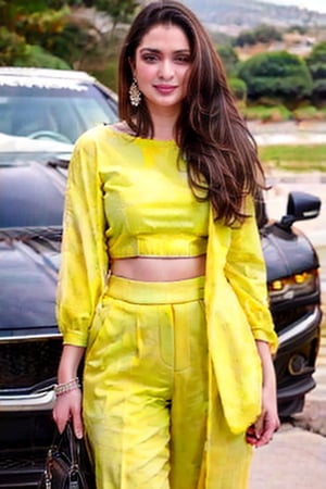 a realistic ,instagram influencer 18 year old girl wearing yellow top and black suit standing in front of black super car house background 