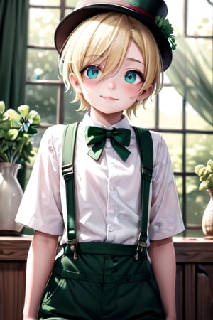 (1boy:1.2), aoki, forest, smile, handsome, young, juvenile, white skin, details sky, looking at viewer, blush, blue eyes, full shot, red suspenders, (green pants), (white shirt), (green suspenders:1.2), (green top hat decorated with clovers:1.2), (green bowtie:1.2), (masterpiece:1.2), best quality, high resolution, unity 8k wallpaper, (illustration:0.8), (beautiful detailed eyes:1.6), extremely detailed face, perfect lighting, extremely detailed CG, (perfect anatomy), clover,aoki, male focus, boy face, 1boy,blonde