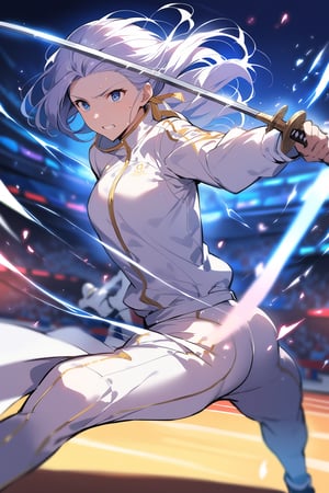 masterpiece, highest quality, high resolution, 20yo BREAK fencing uniform, (white fencing jacket):100, (white fencing breeches):100, (fencing mask):100, (fencing glove):100, (fencing sword):100 BREAK one female fencer, on the fencing piste, Olympic venue, dynamic action pose, mid-lunge, sword extended, hair flying, sweat glistening on face, intense focus in eyes, muscles tensed, fabric of uniform rippling with movement BREAK Olympic fencing arena, bright lights illuminating the piste, crowd blurred in background, opponent barely visible at edge of frame, air charged with tension, fencer's body angled for attack, perfect form, sword tip aimed precisely, moment of impact imminent, high-contrast lighting emphasizing muscle definition and facial expression, sharp focus on fencer
