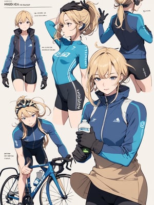 ((best quality)), reference sheet, a absurdres illustration of a vibrant, blonde girl with a ponytail, exuding energy and enthusiasm, clad in a modern road bicycle suit, taking a selfie with an iPhone. She's standing next to a high-end road bike, accessorized with various cycling gear. The background is purple, with the illustration done in a flat style. The image is created to use only four colors, ensuring a clean and simplified aesthetic. The sheet includes cycling accessories like a helmet, gloves, shoes, water bottle, and a cycling computer. The design features bold and beautiful typography with the text: 'Ride Like a Pro', emphasizing the pro-level cycling theme