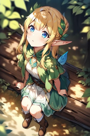 1girl, solo, elf girl, elf ears, pixie, sitting on log, forest, blue eyes,from above,looking up,ground,blonde hair,(dappled sunlight:1.2),blurry,depth of field, boots,leaf