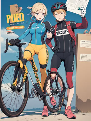 ((best quality)), reference sheet, a absurdres illustration of a vibrant, blonde girl with a ponytail, exuding energy and enthusiasm, clad in a modern road bicycle suit, taking a selfie with an iPhone. She's standing next to a high-end road bike, accessorized with various cycling gear. The background is purple, with the illustration done in a flat style. The image is created to use only four colors, ensuring a clean and simplified aesthetic. The sheet includes cycling accessories like a helmet, gloves, shoes, water bottle, and a cycling computer. The design features bold and beautiful typography with the text: 'Ride Like a Pro', emphasizing the pro-level cycling theme