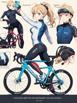 ((best quality)), reference sheet, a absurdres illustration of a vibrant, blonde girl with a ponytail, exuding energy and enthusiasm, clad in a modern road bicycle suit, taking a selfie with an iPhone. She's standing next to a high-end road bike, accessorized with various cycling gear. The background is purple, with the illustration done in a flat style. The image is created to use only four colors, ensuring a clean and simplified aesthetic. The sheet includes cycling accessories like a helmet, gloves, shoes, water bottle, and a cycling computer. The design features bold and beautiful typography with the text: 'Ride Like a Pro', emphasizing the pro-level cycling theme