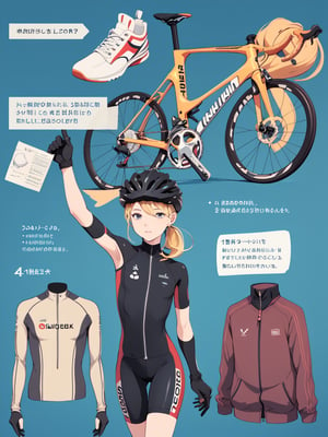 ((best quality)), reference sheet, a absurdres illustration of a vibrant, blonde girl with a ponytail, exuding energy and enthusiasm, clad in a modern road bicycle suit, taking a selfie with an iPhone. She's standing next to a high-end road bike, accessorized with various cycling gear. The background is purple, with the illustration done in a flat style. The image is created to use only four colors, ensuring a clean and simplified aesthetic. The sheet includes cycling accessories like a helmet, gloves, shoes, water bottle, and a cycling computer. The design features bold and beautiful typography with the text: 'Ride Like a Pro', emphasizing the pro-level cycling theme