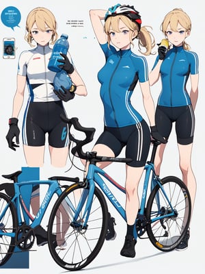 ((best quality)), reference sheet, a absurdres illustration of a vibrant, blonde girl with a ponytail, exuding energy and enthusiasm, clad in a modern road bicycle suit, taking a selfie with an iPhone. She's standing next to a high-end road bike, accessorized with various cycling gear. The background is purple, with the illustration done in a flat style. The image is created to use only four colors, ensuring a clean and simplified aesthetic. The sheet includes cycling accessories like a helmet, gloves, shoes, water bottle, and a cycling computer. The design features bold and beautiful typography with the text: 'Ride Like a Pro', emphasizing the pro-level cycling theme