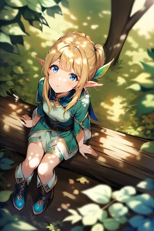 1girl, solo, elf girl, elf ears, pixie, sitting on log, forest, blue eyes,from above,looking up,ground,blonde hair,(dappled sunlight:1.2),blurry,depth of field, boots,leaf