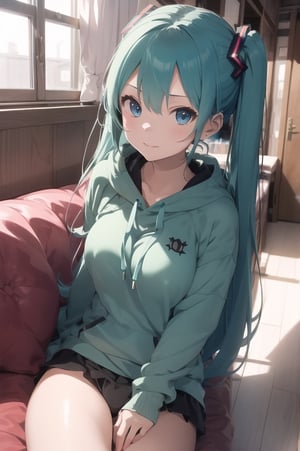 (miku hatsune)、small tits、top-quality、Photorealsitic、(superfine illustration)、 (Ultra-high resolution)、beautiful alluring anime girl、Seductive Woman、slender body、Tied hair、((One girl:1.5))、lady's pictures、Full body shot、Beautiful blue eyes、Relax on the sofa at home、Lying、cute Fluffy and fluffy striped hoodie、(semi-nude:0.6)、(green hoofie):5,green roomwear