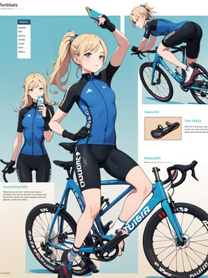 ((best quality)), reference sheet, a absurdres illustration of a vibrant, blonde girl with a ponytail, exuding energy and enthusiasm, clad in a modern road bicycle suit, taking a selfie with an iPhone. She's standing next to a high-end road bike, accessorized with various cycling gear. The background is purple, with the illustration done in a flat style. The image is created to use only four colors, ensuring a clean and simplified aesthetic. The sheet includes cycling accessories like a helmet, gloves, shoes, water bottle, and a cycling computer. The design features bold and beautiful typography with the text: 'Ride Like a Pro', emphasizing the pro-level cycling theme