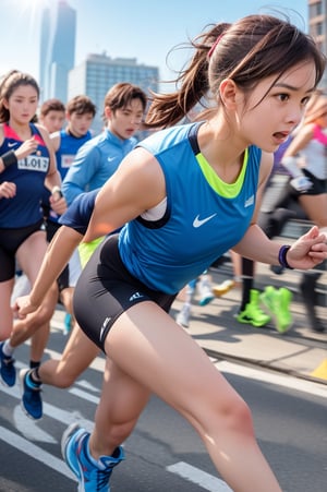 A female marathon runner in motion, mid-stride on an urban course. Athletic build, lean muscles, determined expression. Wearing moisture-wicking blue running singlet with race number 2023, black compression shorts, and neon yellow professional running shoes. Hair tied back in a tight ponytail, sweat beading on forehead. Sunlight glinting off high-tech GPS running watch. Background shows cheering spectators, tall buildings, and race barriers. Hyper-realistic, sharp focus, dynamic composition, motion blur on feet and arms. 8K resolution, professional sports photography, vibrant colors, dramatic lighting.