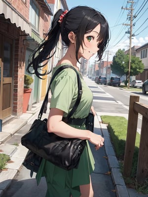 (best quality, realistic:1.2), Extreme detail, masterpiece, anime illustration,1girl, solo, long hair, skirt, shirt, black hair, holding, standing, full body, look at viewer,smile ponytail, shoes, pants, bag, black footwear, from side, profile, green shirt, green skirt ,green one piece,holding bag