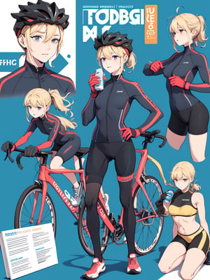 ((best quality)), reference sheet, a absurdres illustration of a vibrant, blonde girl with a ponytail, exuding energy and enthusiasm, clad in a modern road bicycle suit, taking a selfie with an iPhone. She's standing next to a high-end road bike, accessorized with various cycling gear. The background is purple, with the illustration done in a flat style. The image is created to use only four colors, ensuring a clean and simplified aesthetic. The sheet includes cycling accessories like a helmet, gloves, shoes, water bottle, and a cycling computer. The design features bold and beautiful typography with the text: 'Ride Like a Pro', emphasizing the pro-level cycling theme