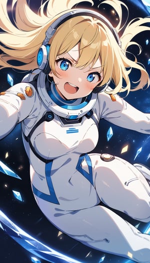 1girl, solo, blonde hair, blue eyes, excited expression, expectant look, happy, enthusiastic, white bodysuit spacesuit, form-fitting, headphones, space station background, dynamic pose, floating, zero gravity, (masterpiece), best quality, cute face, 4k, very aesthetic, absurdres, intricate details, perfect anatomy, extremely delicate body, smooth skin, feminine expression, crystal clear eyes, anime style, flat style