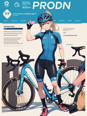 ((best quality)), reference sheet, a absurdres illustration of a vibrant, blonde girl with a ponytail, exuding energy and enthusiasm, clad in a modern road bicycle suit, taking a selfie with an iPhone. She's standing next to a high-end road bike, accessorized with various cycling gear. The background is purple, with the illustration done in a flat style. The image is created to use only four colors, ensuring a clean and simplified aesthetic. The sheet includes cycling accessories like a helmet, gloves, shoes, water bottle, and a cycling computer. The design features bold and beautiful typography with the text: 'Ride Like a Pro', emphasizing the pro-level cycling theme