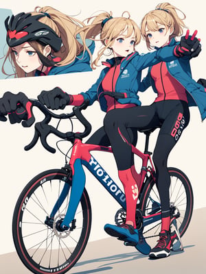 ((best quality)), reference sheet, a absurdres illustration of a vibrant, blonde girl with a ponytail, exuding energy and enthusiasm, clad in a modern road bicycle suit, taking a selfie with an iPhone. She's standing next to a high-end road bike, accessorized with various cycling gear. The background is purple, with the illustration done in a flat style. The image is created to use only four colors, ensuring a clean and simplified aesthetic. The sheet includes cycling accessories like a helmet, gloves, shoes, water bottle, and a cycling computer. The design features bold and beautiful typography with the text: 'Ride Like a Pro', emphasizing the pro-level cycling theme