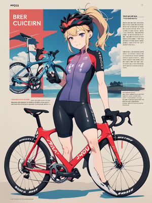 ((best quality)), reference sheet, a absurdres illustration of a vibrant, blonde girl with a ponytail, exuding energy and enthusiasm, clad in a modern road bicycle suit, taking a selfie with an iPhone. She's standing next to a high-end road bike, accessorized with various cycling gear. The background is purple, with the illustration done in a flat style. The image is created to use only four colors, ensuring a clean and simplified aesthetic. The sheet includes cycling accessories like a helmet, gloves, shoes, water bottle, and a cycling computer. The design features bold and beautiful typography with the text: 'Ride Like a Pro', emphasizing the pro-level cycling theme