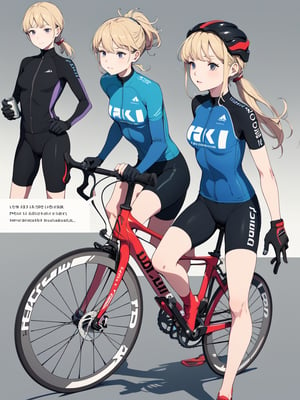 ((best quality)), reference sheet, a absurdres illustration of a vibrant, blonde girl with a ponytail, exuding energy and enthusiasm, clad in a modern road bicycle suit, taking a selfie with an iPhone. She's standing next to a high-end road bike, accessorized with various cycling gear. The background is purple, with the illustration done in a flat style. The image is created to use only four colors, ensuring a clean and simplified aesthetic. The sheet includes cycling accessories like a helmet, gloves, shoes, water bottle, and a cycling computer. The design features bold and beautiful typography with the text: 'Ride Like a Pro', emphasizing the pro-level cycling theme