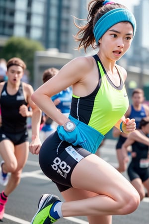 A female marathon runner in motion, mid-stride on an urban course. Athletic build, lean muscles, determined expression. Wearing moisture-wicking blue running singlet with race number 2023, black compression shorts, and neon yellow professional running shoes. Hair tied back in a tight ponytail, sweat beading on forehead. Sunlight glinting off high-tech GPS running watch. Background shows cheering spectators, tall buildings, and race barriers. Hyper-realistic, sharp focus, dynamic composition, motion blur on feet and arms. 8K resolution, professional sports photography, vibrant colors, dramatic lighting.