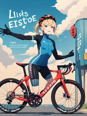 ((best quality)), reference sheet, a absurdres illustration of a vibrant, blonde girl with a ponytail, exuding energy and enthusiasm, clad in a modern road bicycle suit, taking a selfie with an iPhone. She's standing next to a high-end road bike, accessorized with various cycling gear. The background is purple, with the illustration done in a flat style. The image is created to use only four colors, ensuring a clean and simplified aesthetic. The sheet includes cycling accessories like a helmet, gloves, shoes, water bottle, and a cycling computer. The design features bold and beautiful typography with the text: 'Ride Like a Pro', emphasizing the pro-level cycling theme