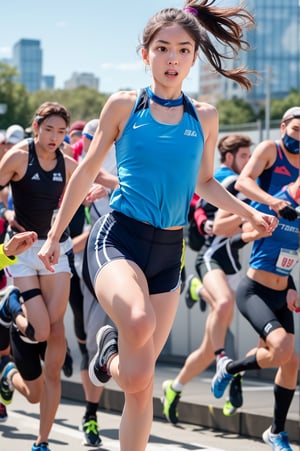 A female marathon runner in motion, mid-stride on an urban course. Athletic build, lean muscles, determined expression. Wearing moisture-wicking blue running singlet with race number 2023, black compression shorts, and neon yellow professional running shoes. Hair tied back in a tight ponytail, sweat beading on forehead. Sunlight glinting off high-tech GPS running watch. Background shows cheering spectators, tall buildings, and race barriers. Hyper-realistic, sharp focus, dynamic composition, motion blur on feet and arms. 8K resolution, professional sports photography, vibrant colors, dramatic lighting.