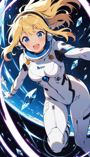 1girl, solo, blonde hair, blue eyes, excited expression, expectant look, happy, enthusiastic, white bodysuit spacesuit, form-fitting, headphones, space station background, dynamic pose, floating, zero gravity, (masterpiece), best quality, cute face, 4k, very aesthetic, absurdres, intricate details, perfect anatomy, extremely delicate body, smooth skin, feminine expression, crystal clear eyes, anime style, flat style