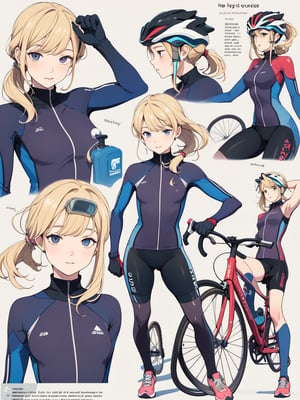 ((best quality)), reference sheet, a absurdres illustration of a vibrant, blonde girl with a ponytail, exuding energy and enthusiasm, clad in a modern road bicycle suit, taking a selfie with an iPhone. She's standing next to a high-end road bike, accessorized with various cycling gear. The background is purple, with the illustration done in a flat style. The image is created to use only four colors, ensuring a clean and simplified aesthetic. The sheet includes cycling accessories like a helmet, gloves, shoes, water bottle, and a cycling computer. The design features bold and beautiful typography with the text: 'Ride Like a Pro', emphasizing the pro-level cycling theme