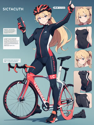 ((best quality)), reference sheet, a absurdres illustration of a vibrant, blonde girl with a ponytail, exuding energy and enthusiasm, clad in a modern road bicycle suit, taking a selfie with an iPhone. She's standing next to a high-end road bike, accessorized with various cycling gear. The background is purple, with the illustration done in a flat style. The image is created to use only four colors, ensuring a clean and simplified aesthetic. The sheet includes cycling accessories like a helmet, gloves, shoes, water bottle, and a cycling computer. The design features bold and beautiful typography with the text: 'Ride Like a Pro', emphasizing the pro-level cycling theme