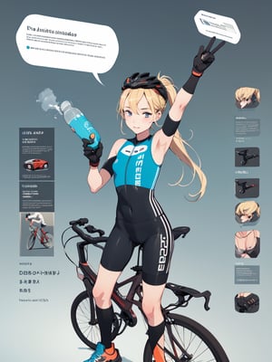 ((best quality)), reference sheet, a absurdres illustration of a vibrant, blonde girl with a ponytail, exuding energy and enthusiasm, clad in a modern road bicycle suit, taking a selfie with an iPhone. She's standing next to a high-end road bike, accessorized with various cycling gear. The background is purple, with the illustration done in a flat style. The image is created to use only four colors, ensuring a clean and simplified aesthetic. The sheet includes cycling accessories like a helmet, gloves, shoes, water bottle, and a cycling computer. The design features bold and beautiful typography with the text: 'Ride Like a Pro', emphasizing the pro-level cycling theme