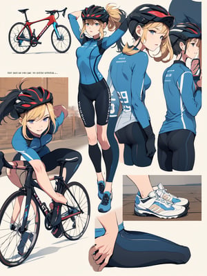 ((best quality)), reference sheet, a absurdres illustration of a vibrant, blonde girl with a ponytail, exuding energy and enthusiasm, clad in a modern road bicycle suit, taking a selfie with an iPhone. She's standing next to a high-end road bike, accessorized with various cycling gear. The background is purple, with the illustration done in a flat style. The image is created to use only four colors, ensuring a clean and simplified aesthetic. The sheet includes cycling accessories like a helmet, gloves, shoes, water bottle, and a cycling computer. The design features bold and beautiful typography with the text: 'Ride Like a Pro', emphasizing the pro-level cycling theme