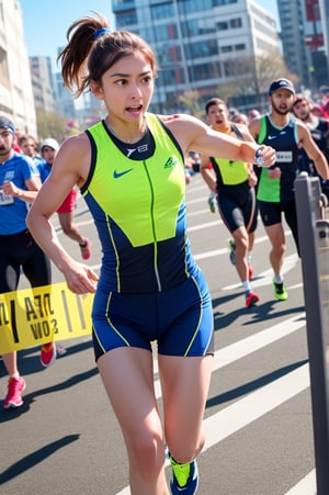 A female marathon runner in motion, mid-stride on an urban course. Athletic build, lean muscles, determined expression. Wearing moisture-wicking blue running singlet with race number 2023, black compression shorts, and neon yellow professional running shoes. Hair tied back in a tight ponytail, sweat beading on forehead. Sunlight glinting off high-tech GPS running watch. Background shows cheering spectators, tall buildings, and race barriers. Hyper-realistic, sharp focus, dynamic composition, motion blur on feet and arms. 8K resolution, professional sports photography, vibrant colors, dramatic lighting.