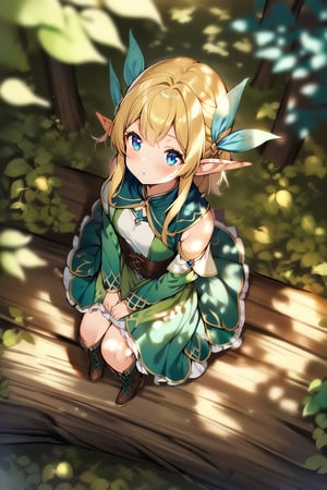 1girl, solo, elf girl, elf ears, pixie, sitting on log, forest, blue eyes,from above,looking up,ground,blonde hair,(dappled sunlight:1.2),blurry,depth of field, boots,leaf