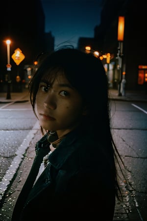 realistic,portrait,film grain,shadow,dark,asian,woman,renaissance,epic,fantastic,street,messy hair,light,grainy,real photo,outdoor,grainy,lightshapes