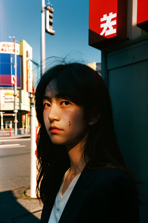 realistic,portrait,film grain,sunlight,shadow,asian,woman,sunlight,day,epic,fantastic,street,messy hair,light,grainy,real photo,outdoor,grainy,lightshapes,cloudy color,japan,score_9