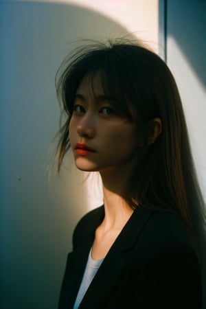 realistic,portrait,film grain,sunlight,shadow,asian,woman,sunlight,day,epic,fantastic,street,messy hair,light,grainy,real photo,outdoor,grainy,lightshapes,cloudy color,japan,score_9