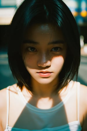 realistic,portrait,film grain,shadow,dark,asian,woman,sunlight,day,epic,fantastic,street,messy hair,light,grainy,real photo,outdoor,grainy,lightshapes