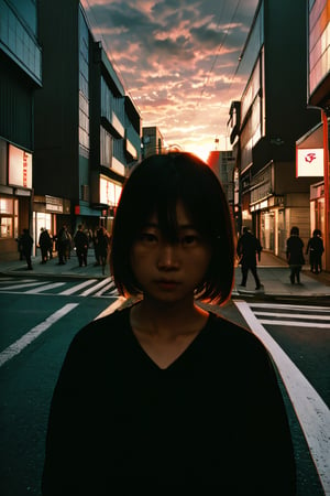 realistic,portrait,film grain,sunset,shadow,asian,woman,sunlight,day,epic,fantastic,street,messy hair,light,grainy,real photo,outdoor,grainy,lightshapes,cloudy color,japan,