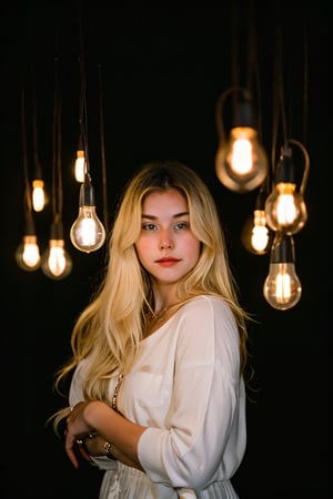 super cute blond woman in a dark theme,lightshapes